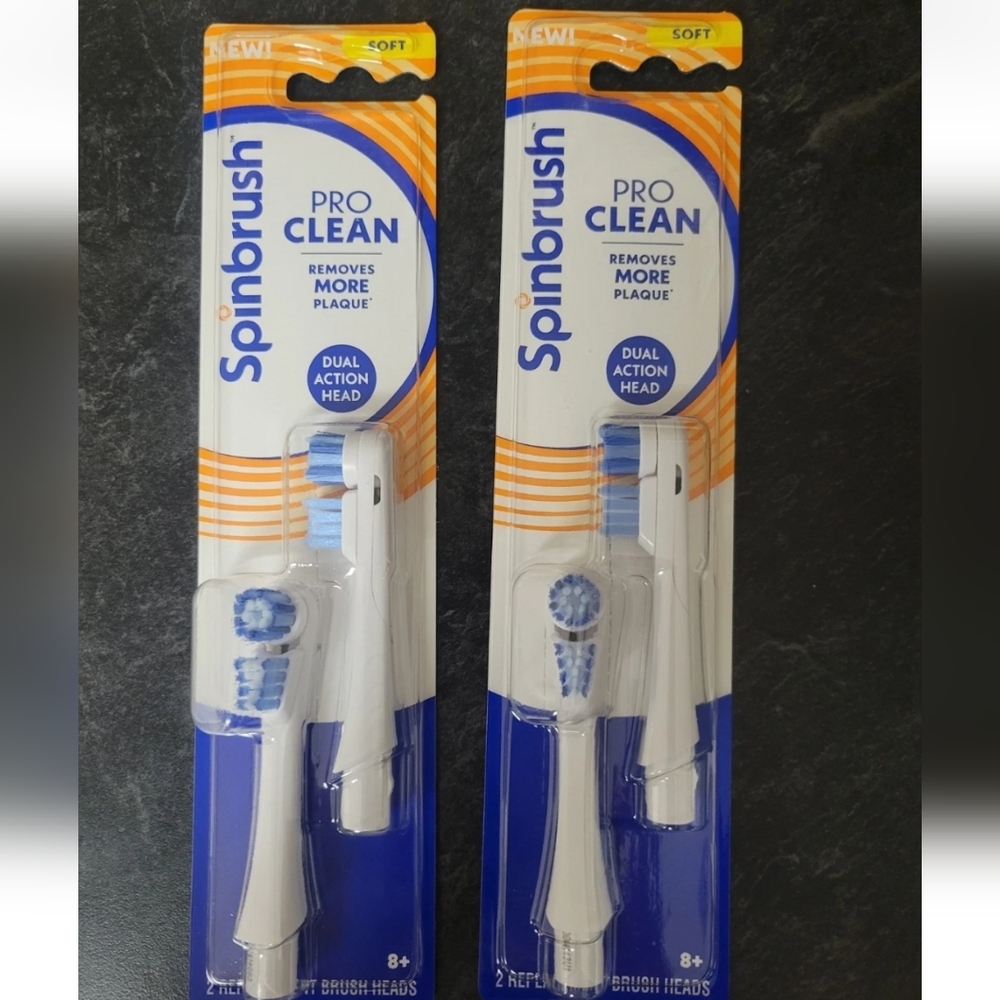 Lot 2 Spinbrush Pro Clean Dual Action 4 Replacent Heads Soft Bristle Toothbrush